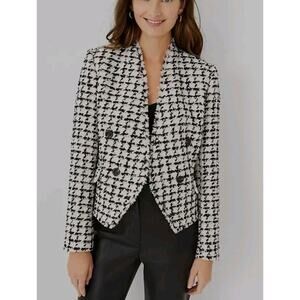 Ann Taylor Fringe Tweed Double Breasted Jacket Preppy Black And White Size 10